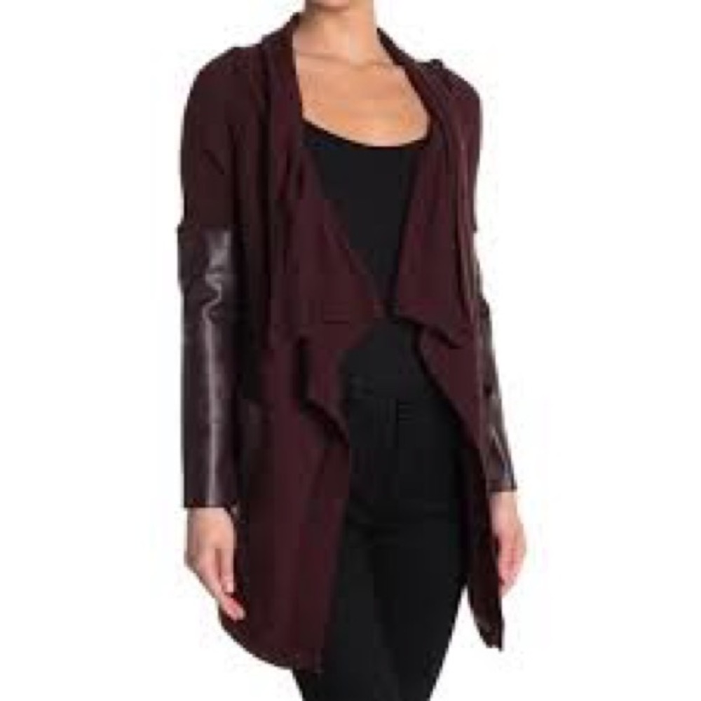 Blank NYC Burgundy Draped Leather-Sleeve Jacket